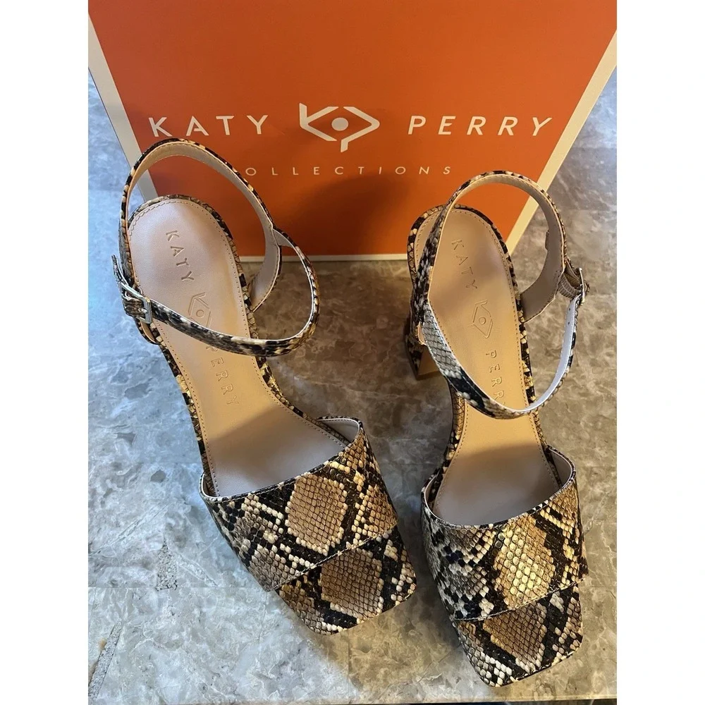 Katy Perry Square Open Sandals Shoes Womens Size 6 Animal Snake Print Heels ….